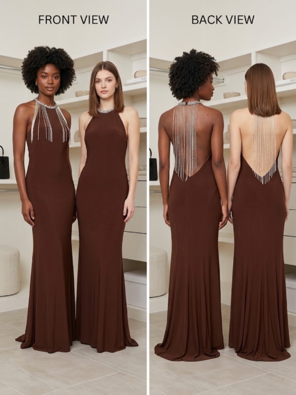 IEENA for Mac Duggal Beaded Halter Neck Side-Slit Gown in Chocolate Brown.